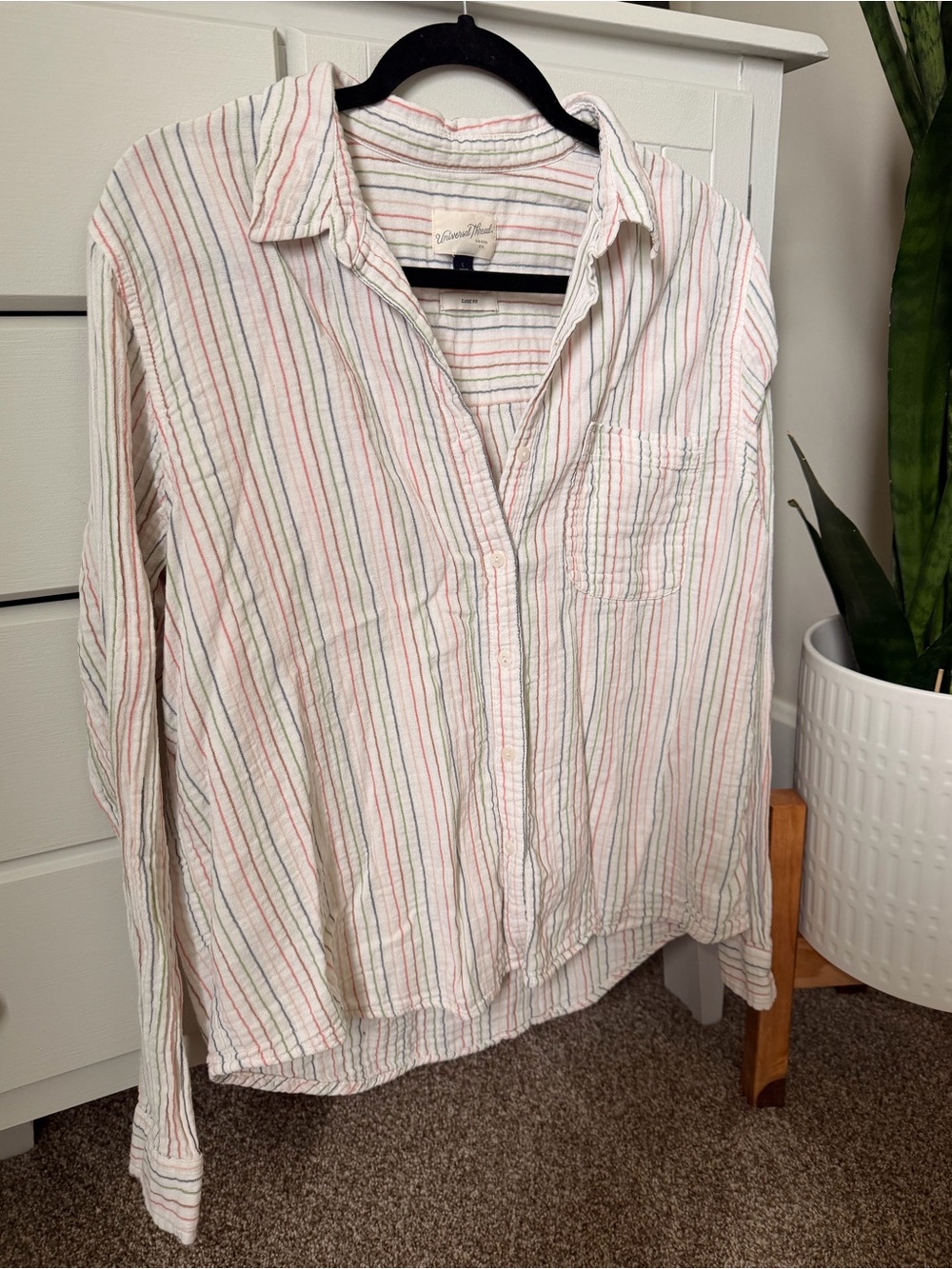 Universal Thread White Button-Up Shirt with Multicolor Stripes